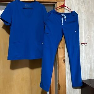 Figs royal blue scrub set, small two pocket scrub top and yola skinny scrub pant